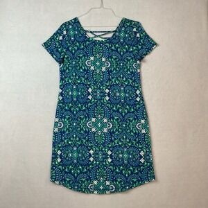 T By Talbots Dress Womens M Blue Green Floral Knit Short Sleeves Strappy Back